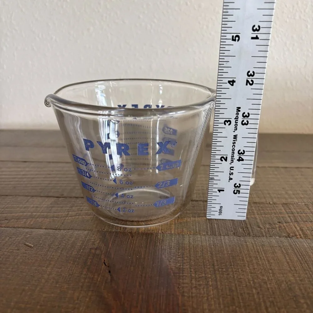 Pyrex Glass Measuring Cup Blue Lettering Handle 1 Cup 250ml Baking Vintage